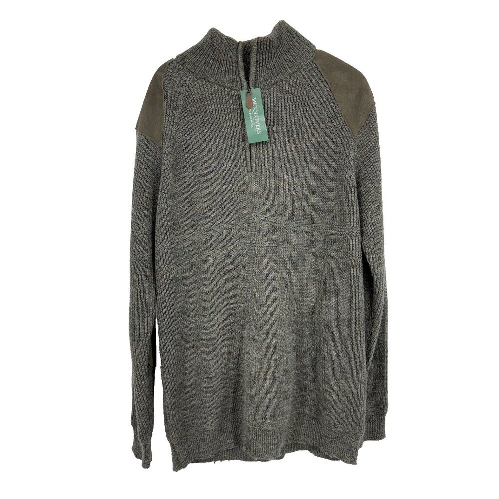 Woolovers Men XL Wool Sweater 1/4 Zip Chunky Knit Green Long Sleeve Warm Patches